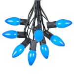 C9 25 Light String Set with Ceramic Blue Bulbs on Black Wire