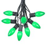 C9 25 Light String Set with Ceramic Green Bulbs on Black Wire