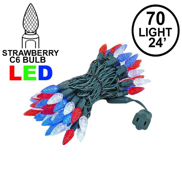 Red White & Blue 70 LED C6 Strawberry Mini Lights Commercial Grade on Green Wire
