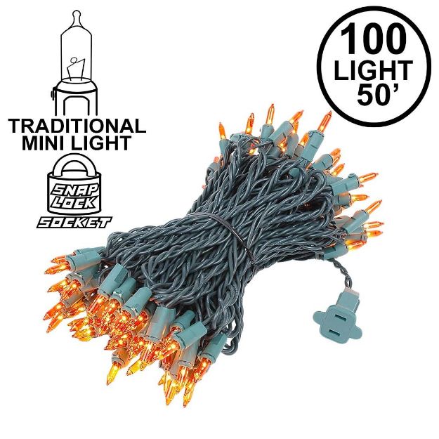 Amber/Orange Christmas Mini Lights 100 Light 50 Feet Long on Green Wire