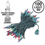 Red/White/Blue Christmas Mini Lights 100 Light 50 Feet Long on Green Wire