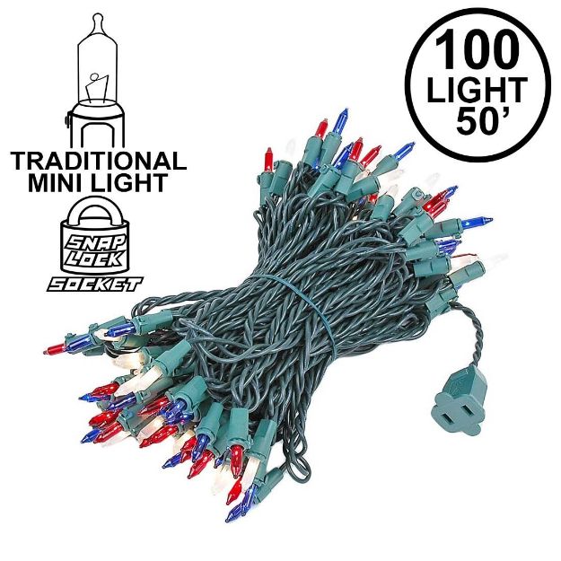 Red/White/Blue Christmas Mini Lights 100 Light 50 Feet Long on Green Wire
