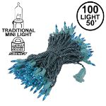 Teal Christmas Mini Lights 100 Light 50 Feet Long on Green Wire