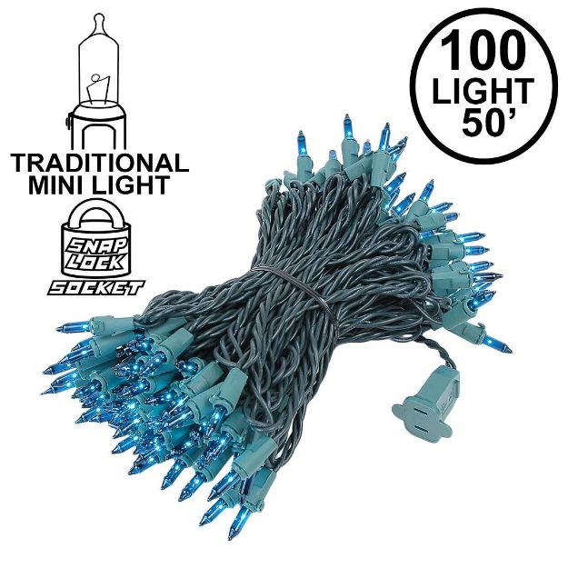 Teal Christmas Mini Lights 100 Light 50 Feet Long on Green Wire
