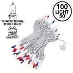 Red/White/Blue Christmas Mini Lights 100 Light 50 Feet Long on White Wire