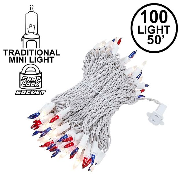 Red/White/Blue Christmas Mini Lights 100 Light 50 Feet Long on White Wire