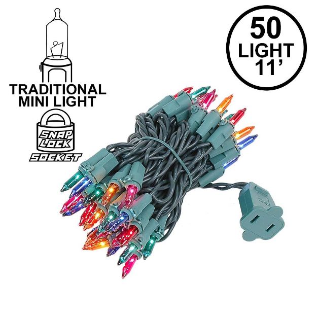 Multi 50 Light 11' Long Green Wire Christmas Mini Lights