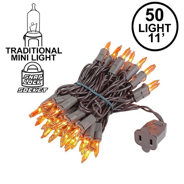 Amber/Orange Christmas Mini Lights 50 Light on Brown Wire 11 Feet Long