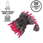 Pink Christmas Mini Lights 50 Light on Brown Wire 11 Feet Long