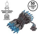 Teal Christmas Mini Lights 50 Light on Brown Wire 11 Feet Long