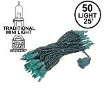 Green 50 Light 25' Long Green Wire Christmas Mini Lights