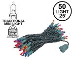 Multi 50 Light 25' Long Green Wire Christmas Mini Lights