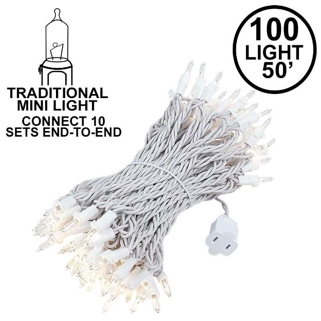 100 Light 50' Long White Wire Christmas Mini Lights Connect 10