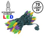 Purple Green and Yellow 70 LED C6 Strawberry Mini Lights Commercial Grade on Green Wire