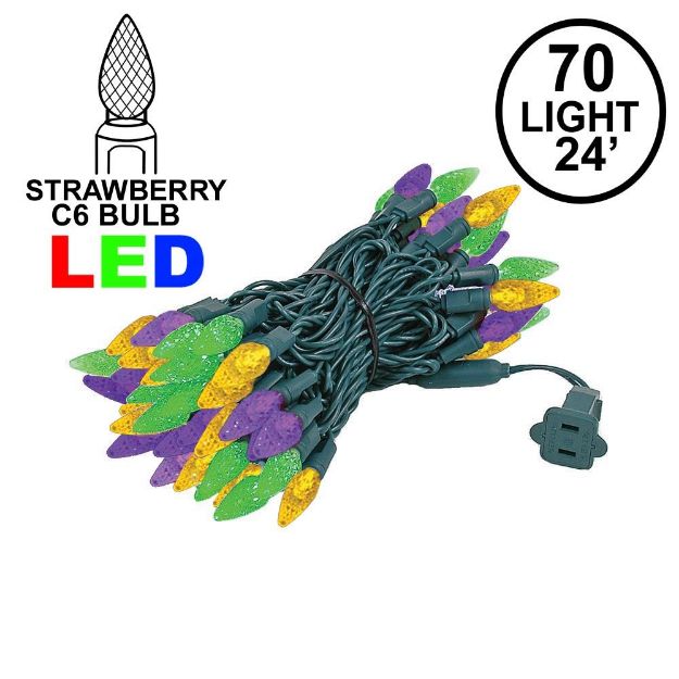 Purple Green and Yellow 70 LED C6 Strawberry Mini Lights Commercial Grade on Green Wire