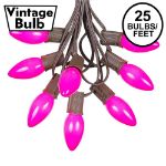 C9 25 Light String Set with Ceramic Pink Bulbs on Brown Wire