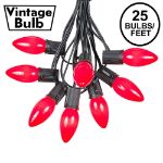 C9 25 Light String Set with Ceramic Red Bulbs on Black Wire