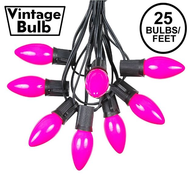 C9 25 Light String Set with Ceramic Pink Bulbs on Black Wire