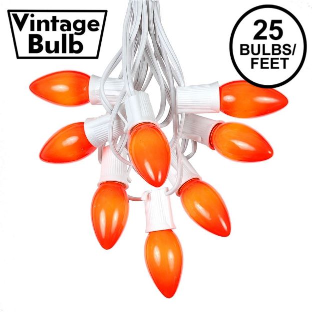 C9 25 Light String Set with Ceramic Orange Bulbs on White Wire
