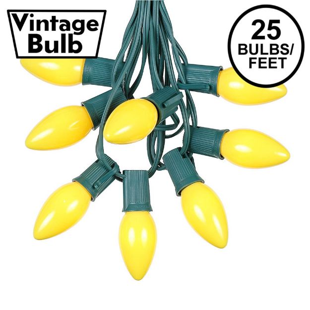 C9 25 Light String Set with Ceramic Yellow Bulbs on Green Wire
