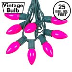 C9 25 Light String Set with Ceramic Pink Bulbs on Green Wire