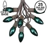 C9 25 Light String Set with Green Bulbs on Brown Wire