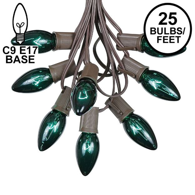 C9 25 Light String Set with Green Bulbs on Brown Wire