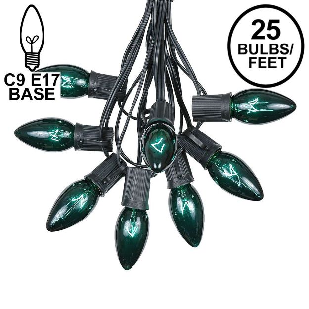 C9 25 Light String Set with Green Bulbs on Black Wire