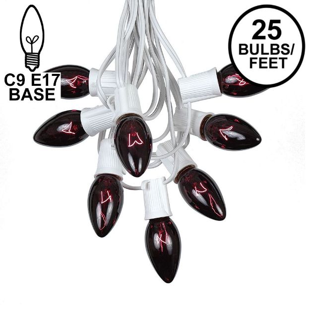 25 Twinkling C9 Christmas Light Set - Black Light Very Dark Purple - White Wire