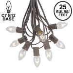 25 Light String Set with Clear Transparent C7 Bulbs on Brown Wire