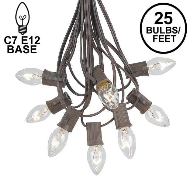 25 Light String Set with Clear Transparent C7 Bulbs on Brown Wire