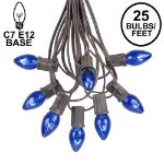C7 25 Light String Set with Blue Twinkle Bulbs on Brown Wire