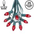 C7 25 Light String Set with Red Transparent Bulbs on Green Wire