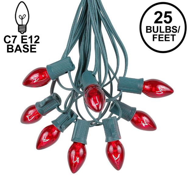 C7 25 Light String Set with Red Transparent Bulbs on Green Wire