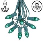 25 Light String Set with Green Transparent C7 Bulbs on Green Wire