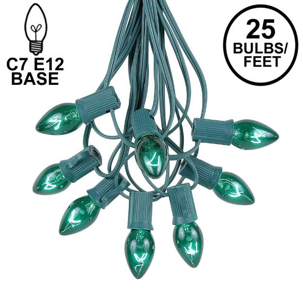 25 Light String Set with Green Transparent C7 Bulbs on Green Wire