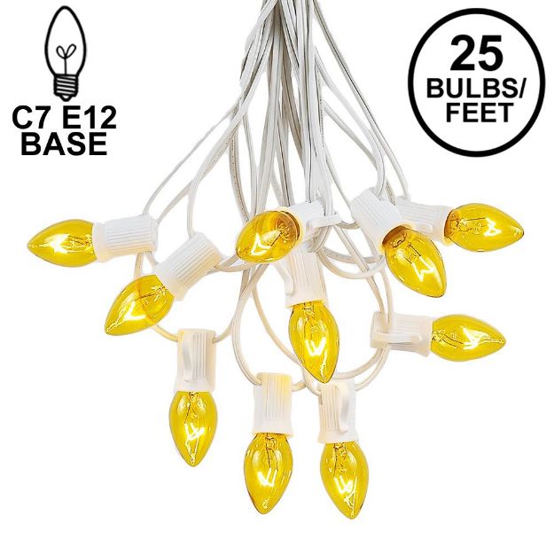 25 Light String Set with Yellow/Gold Transparent C7 Bulbs on White Wire