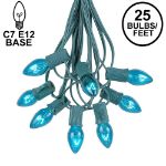 25 Light String Set with Teal Transparent C7 Bulbs on Green Wire