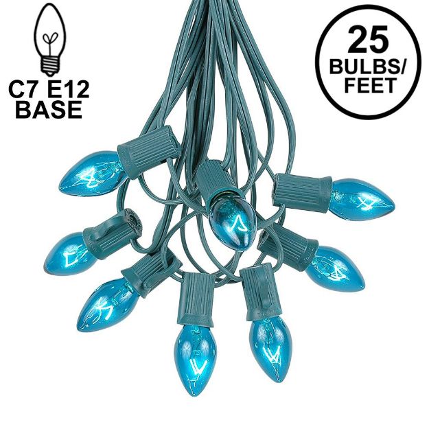 25 Light String Set with Teal Transparent C7 Bulbs on Green Wire