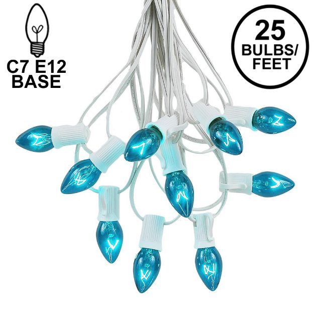25 Light String Set with Teal Transparent C7 Bulbs on White Wire