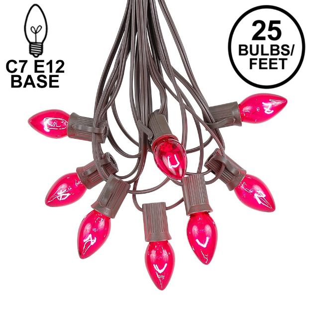 25 Light String Set with Pink Transparent C7 Bulbs on Brown Wire