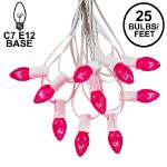 25 Light String Set with Pink Transparent C7 Bulbs on White Wire