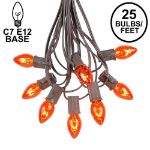 25 Light String Set with Amber/Orange Transparent C7 Bulbs on Brown Wire