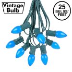 25 Light String Set with Blue Ceramic C7 Bulbs on Green Wire