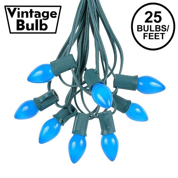 25 Light String Set with Blue Ceramic C7 Bulbs on Green Wire