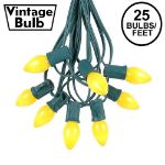 25 Light String Set with Yellow Ceramic C7 Bulbs on Green Wire