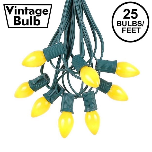25 Light String Set with Yellow Ceramic C7 Bulbs on Green Wire