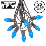 25 Light String Set with Blue Ceramic C7 Bulbs on Brown Wire