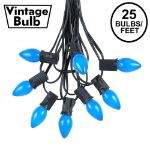 25 Light String Set with Blue Ceramic C7 Bulbs on Black Wire