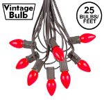 25 Light String Set with Red Ceramic C7 Bulbs on Brown Wire